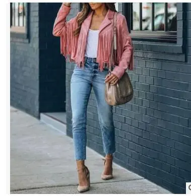 Women Vintage Long Sleeve Solid Color Tassel Suede Lapel Crop Jacket Coat