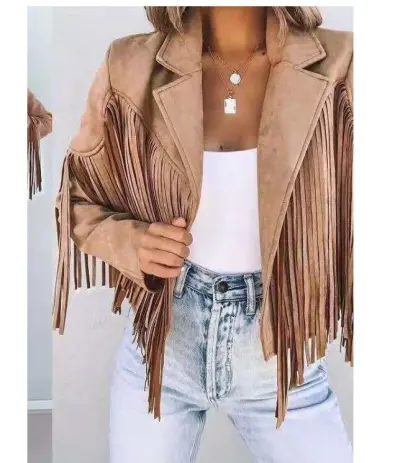 Women Vintage Long Sleeve Solid Color Tassel Suede Lapel Crop Jacket Coat