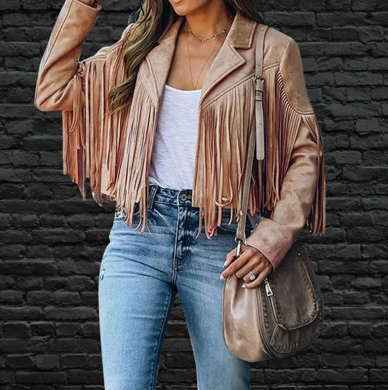 Women Vintage Long Sleeve Solid Color Tassel Suede Lapel Crop Jacket Coat