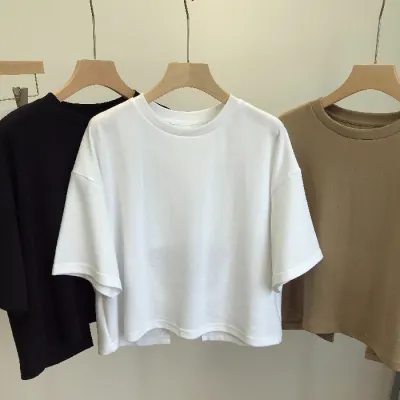 Edgy Women Summer Round Neck Loose Basic Solid Color Short-Sleeved Milk Fiber T-Shirt