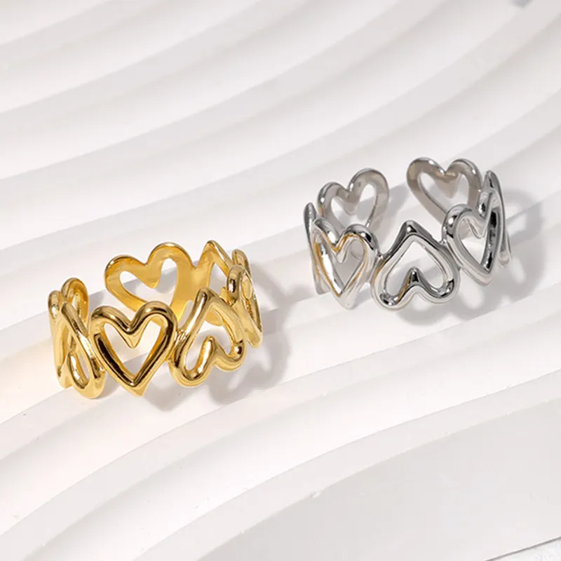 Women Simple Adjustable Hollow Heart Shaped Titanium Steel Ring