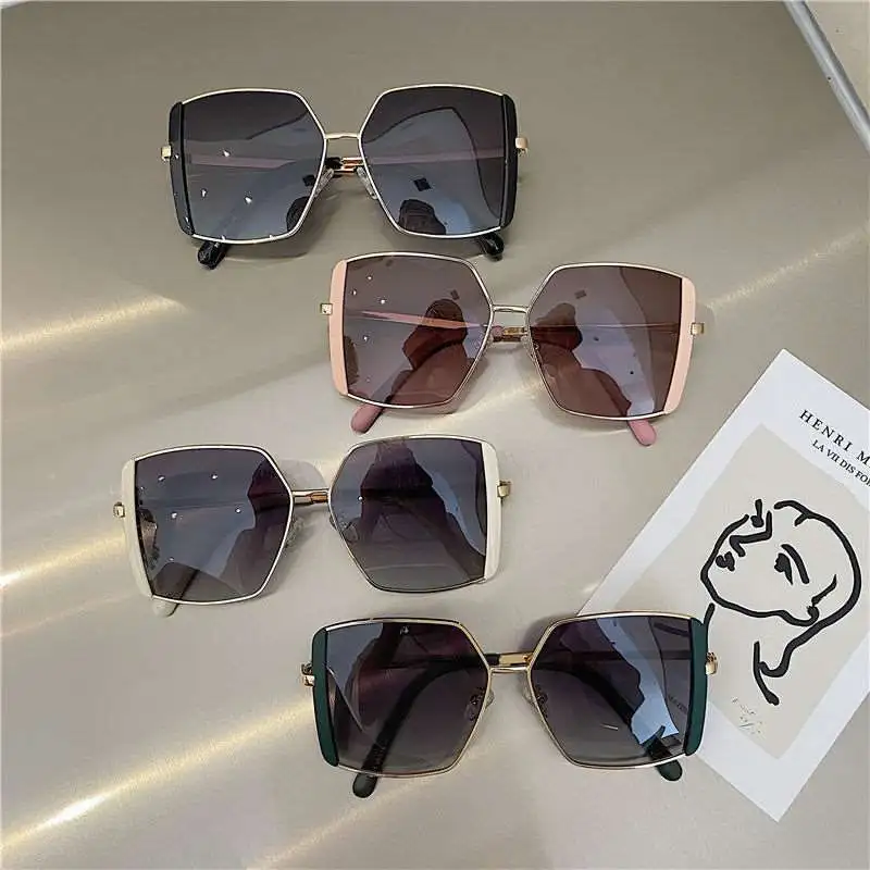 Women Simple Fashion Large Frame Square Metal Sunglasses