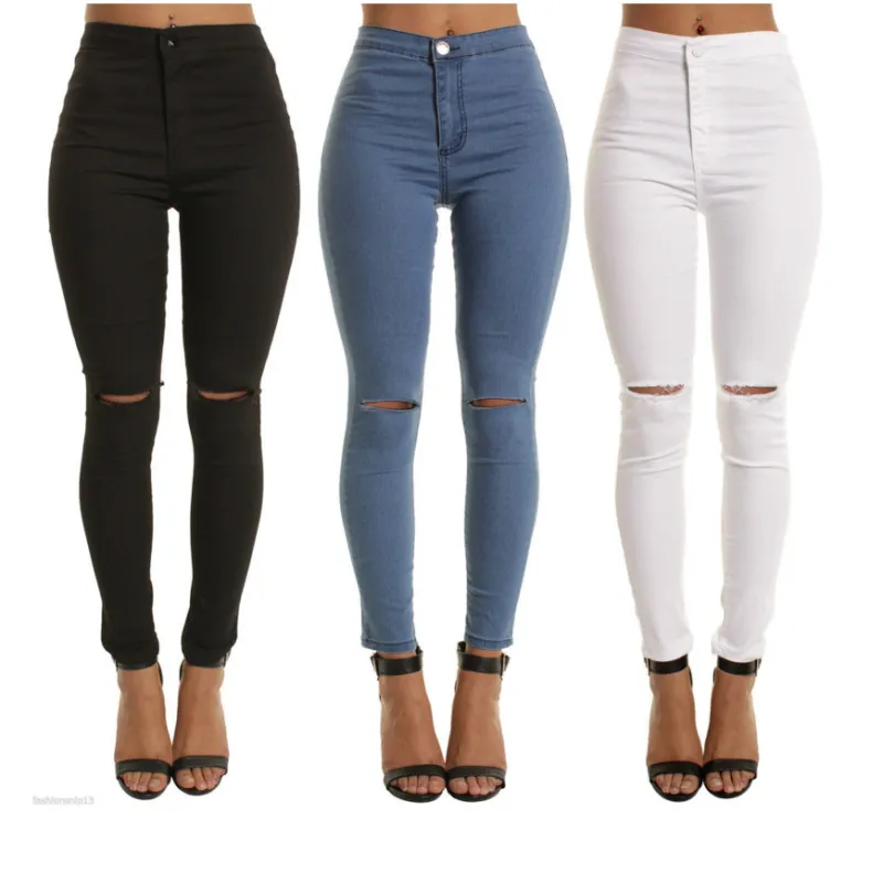 Women Stretch Denim Ripped Skinny Jeans High Waist Casual