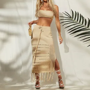 Women Summer Vacation Solid Color Hollow Tube Top Tassel Skirt Set