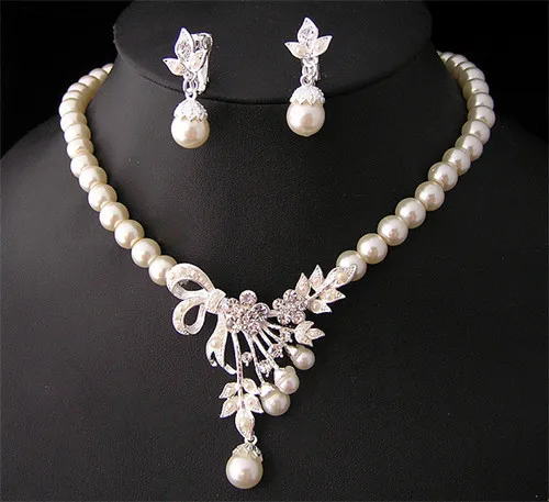 Wholesale Women Wedding Evening Rhinestone Pearl Necklace Earrings