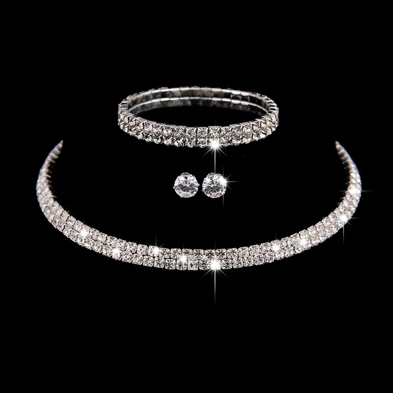 Women Luxury Wedding Rhinestone Jewelry Three-Piece Set Silver Plated