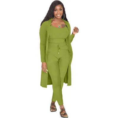 Women Casual Solid Color Rib-Knit Cardigan Camis And Skinny Pants Three Piece Set