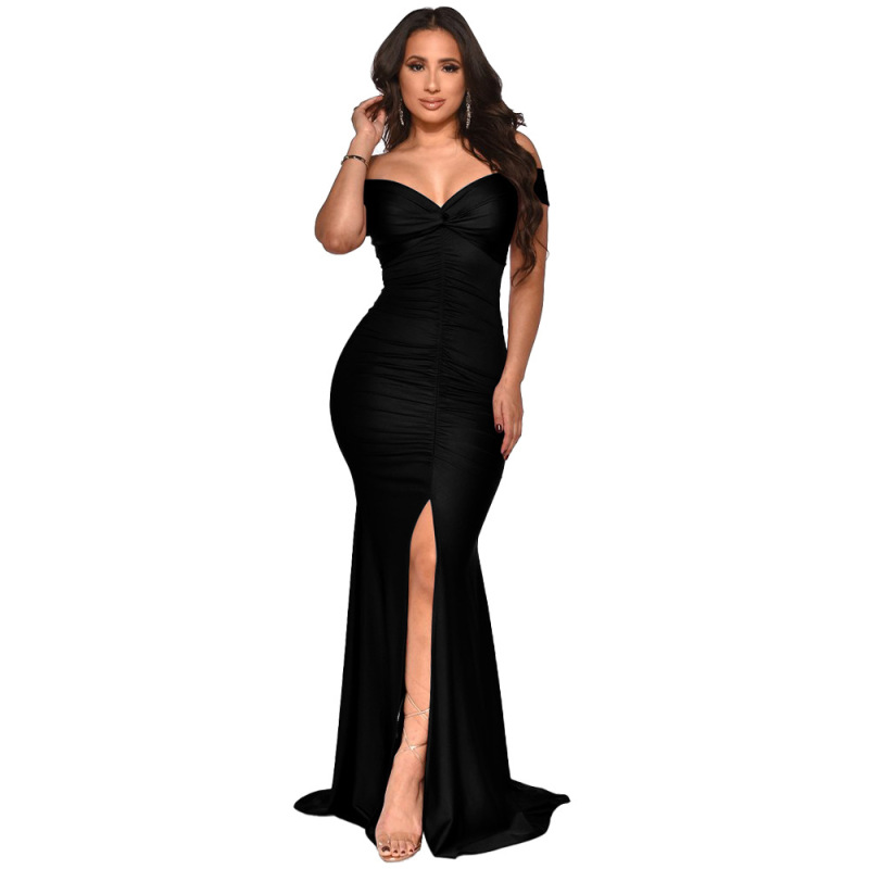 Wholesale Women Summer V-Neck Off-Shoulder Elegant Slit Solid