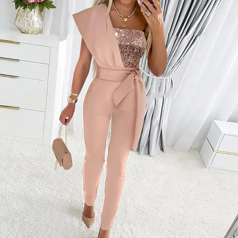 Women Fashion Patchwork One Shoulder Sequin Party Jumpsuits