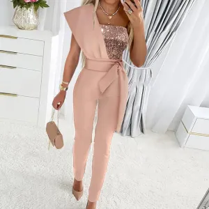 Women Fashion Patchwork One Shoulder Sequin Party Jumpsuits