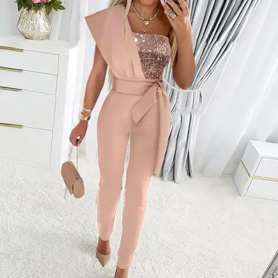 Women Fashion Patchwork One Shoulder Sequin Party Jumpsuits