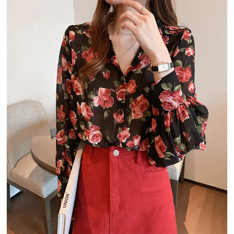 Women Floral Print Chiffon Loose Long-Sleeved Blouse