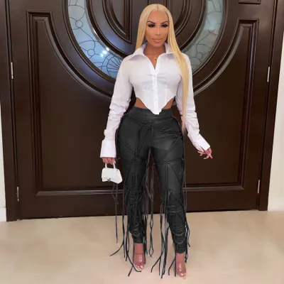 Women Fashion Casual PU Leather Tassel Strap Solid Color Pants
