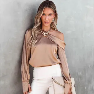 Women Elegant Fashion Solid Color Satin Long Sleeve Oblique Shoulder Blouse