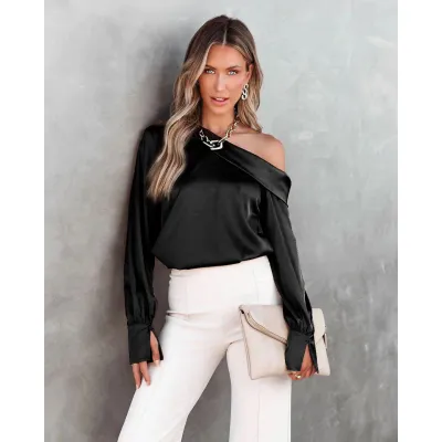 Women Elegant Fashion Solid Color Satin Long Sleeve Oblique Shoulder Blouse