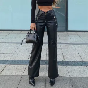 Women Solid Color High Waist Zipper PU Leather Pants
