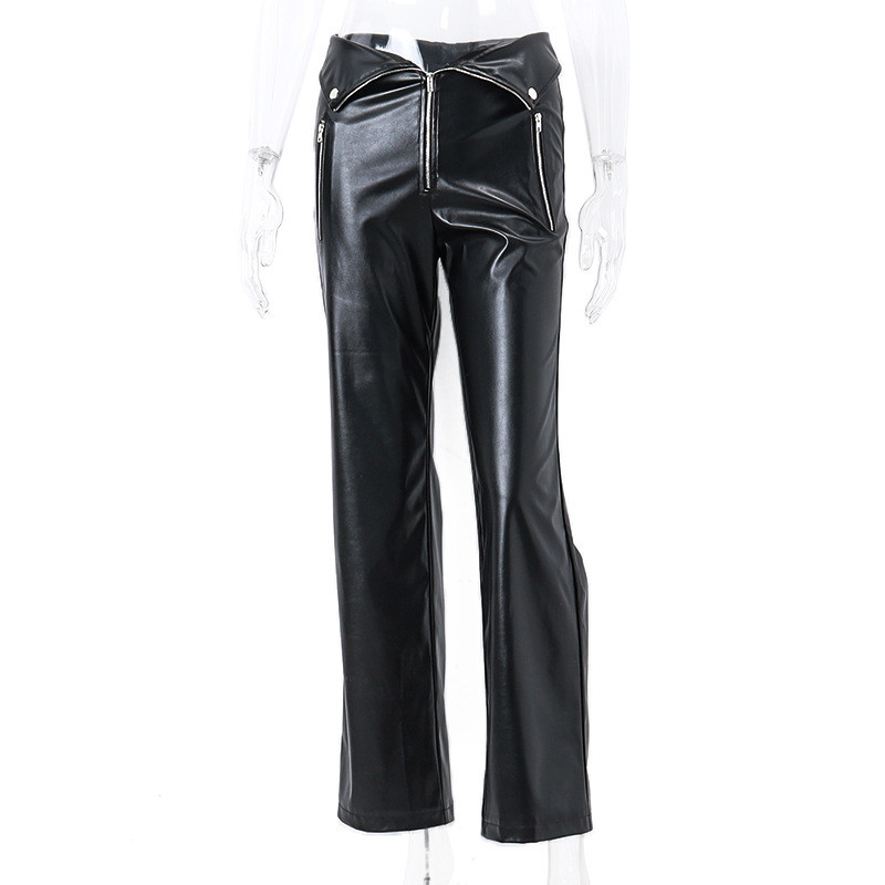 Wholesale Women Solid Color High Waist Zipper PU Leather Pants