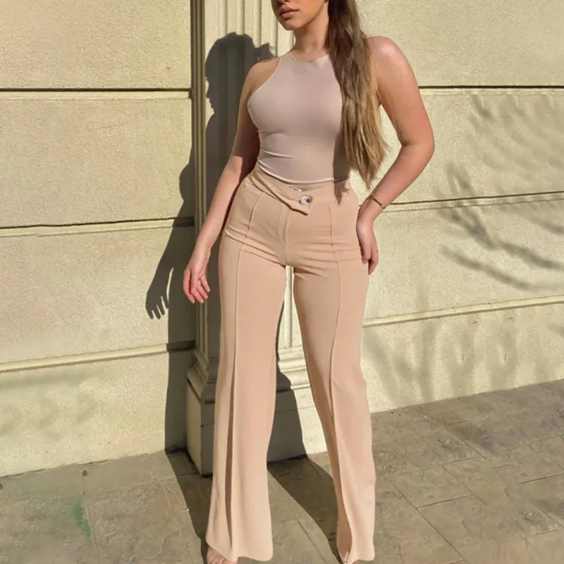 Women Elegant Fashion Solid Color High Waist Wide Leg Work Pants