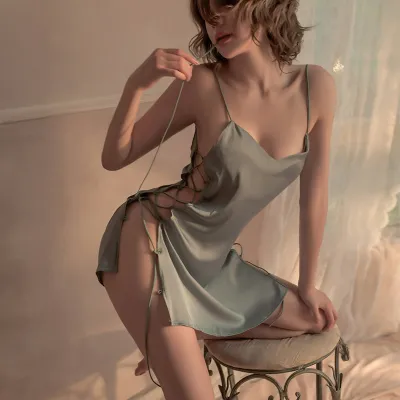 Women Sexy Lingerie Solid Color Side Slit Lace-Up Nightdress