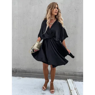Spring Summer Solid Color Satin Loose Casual Vacation V Neck Dress