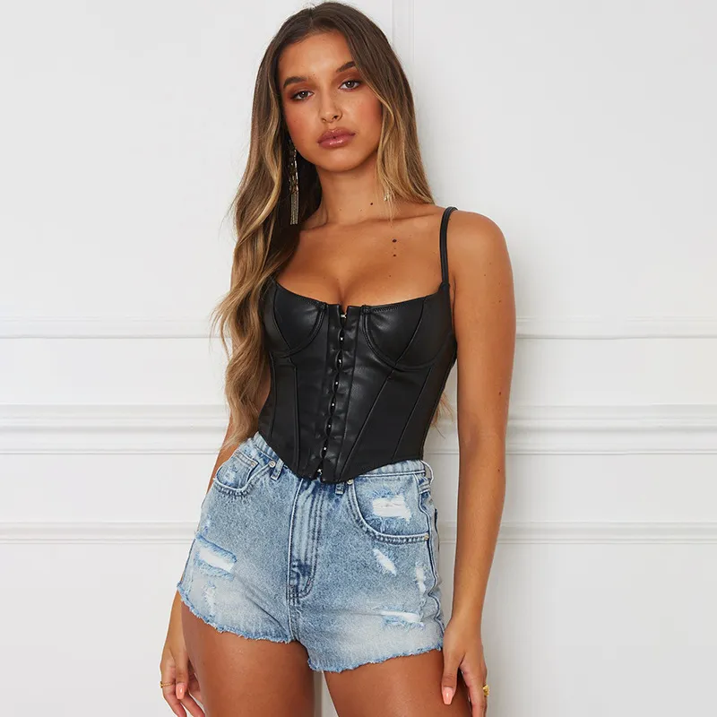 Women Fashion U-Neck Suspenders Solid Color Pu Vest