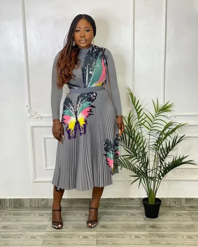 Women Elegant Chiffon Long Sleeve Top And 3D Printed Pleated High Waist Midi Skirt Two-Piece Set