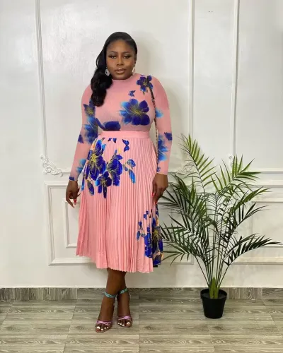 Women Elegant Chiffon Long Sleeve Top And 3D Printed Pleated High Waist Midi Skirt Two-Piece Set