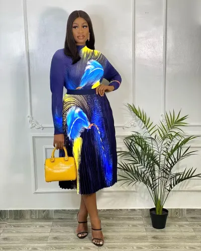 Women Elegant Chiffon Long Sleeve Top And 3D Printed Pleated High Waist Midi Skirt Two-Piece Set