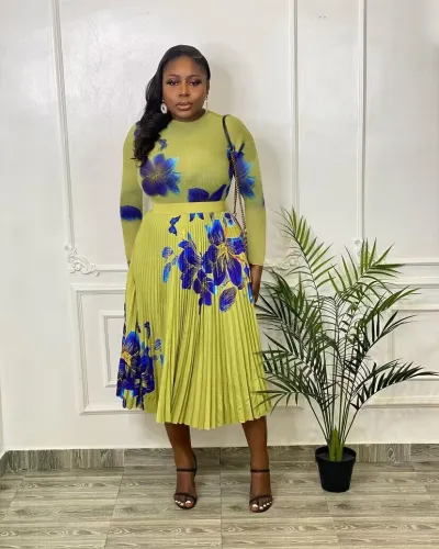 Women Elegant Chiffon Long Sleeve Top And 3D Printed Pleated High Waist Midi Skirt Two-Piece Set