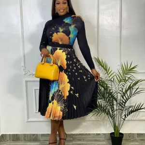 Women Elegant Chiffon Long Sleeve Top And 3D Printed Pleated High Waist Midi Skirt Two-Piece Set