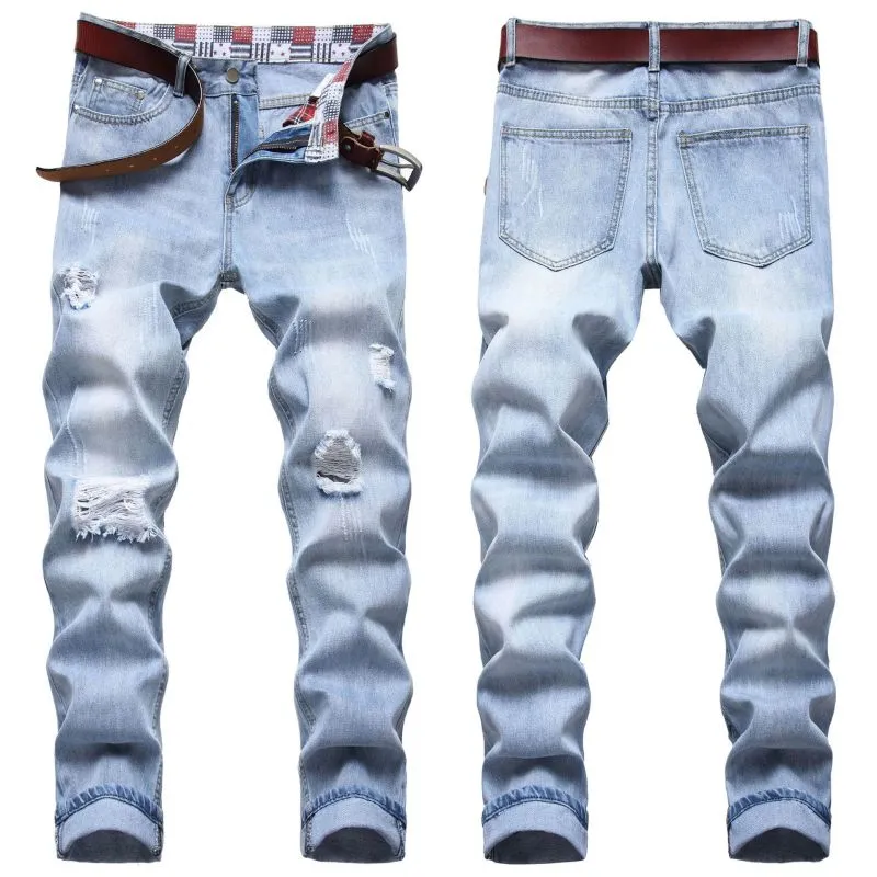 Men Retro Straight Ripped Denim Jeans with Cotton