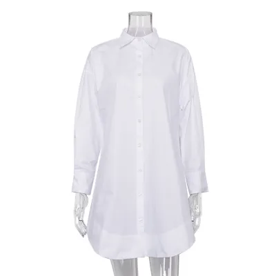 Women's Loose Fit Lapel Collar Long Sleeve White Cotton Blouse