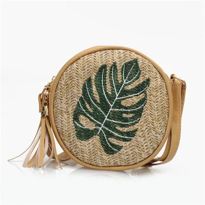 Women Fashion Pineapple Embroidered Straw Crossbody Bag Round Small Square
