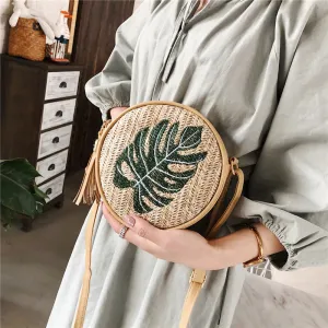 Women Fashion Pineapple Embroidered Straw Crossbody Bag Round Small Square