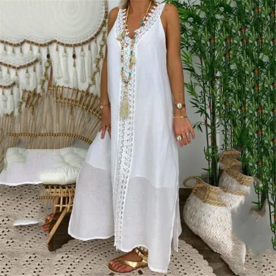 Women Vintage Boho Lace Patchwork V-Neck Maxi Dress Plus Size