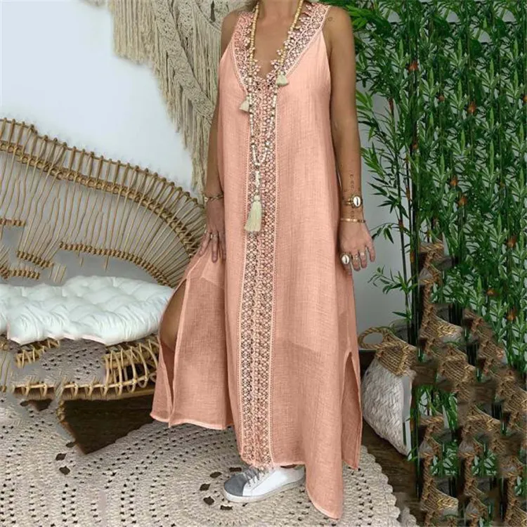 Women Vintage Boho Lace Patchwork V-Neck Maxi Dress Plus Size