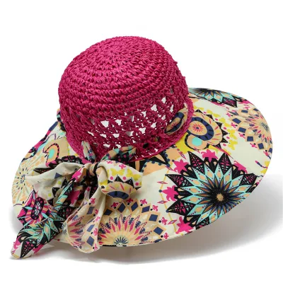 Women Creative Bohemian Beach Sunshade Flower Pattern Straw Hat