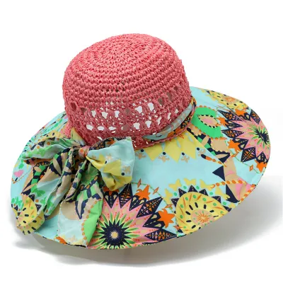 Women Creative Bohemian Beach Sunshade Flower Pattern Straw Hat
