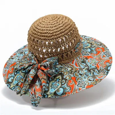 Women Creative Bohemian Beach Sunshade Flower Pattern Straw Hat