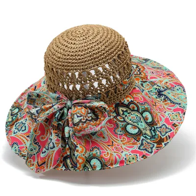 Women Creative Bohemian Beach Sunshade Flower Pattern Straw Hat