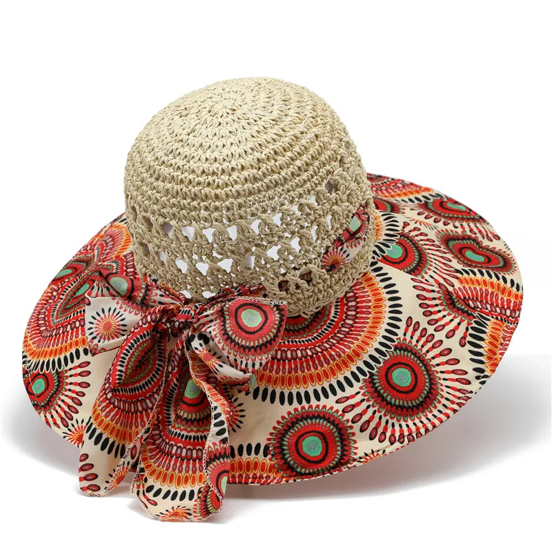 Women Creative Bohemian Beach Sunshade Flower Pattern Straw Hat
