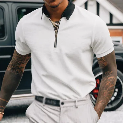 Men Casual Solid Color Zipper Short Sleeve Polo Shirt