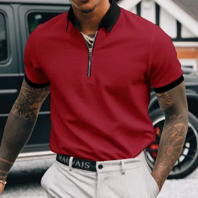 Men Casual Solid Color Zipper Short Sleeve Polo Shirt