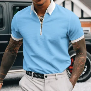 Men Casual Solid Color Zipper Short Sleeve Polo Shirt