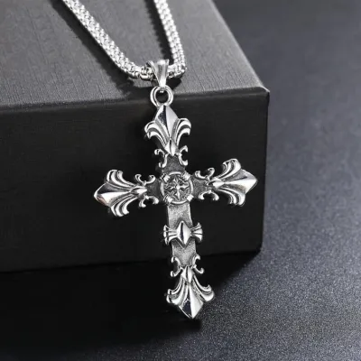 Men's Simple Vintage Flame Cross Pendant Box Chain Necklace