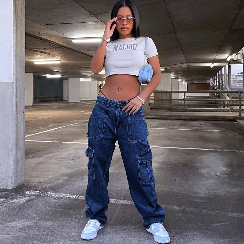 Wholesale Women'S Casual Multi-Pocket Straight Jeans Cargo Pants
