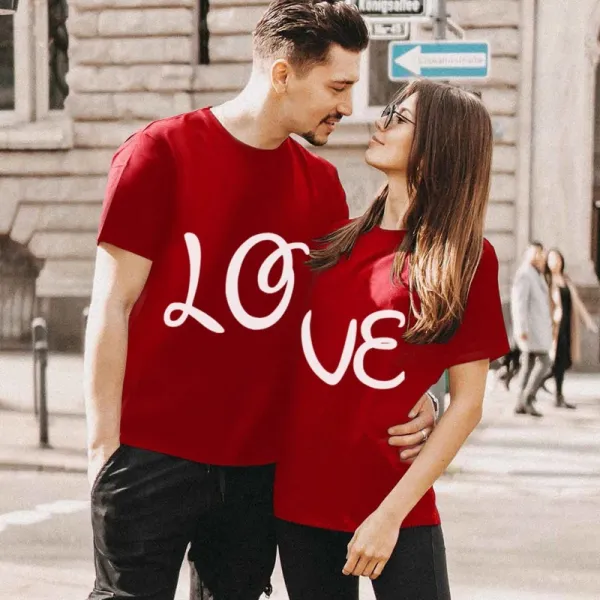 Fashion Couple Left And Right Red Stitching Love Print Round Neck Short-Sleeved T-Shirt