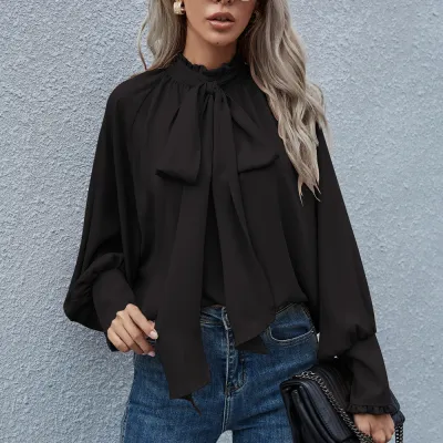 Women Casual Elegant High Neck Bow Tie Bubble Long Sleeve Loose Blouse