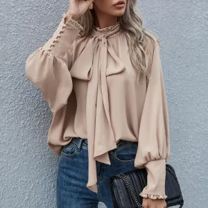 Women Casual Elegant High Neck Bow Tie Bubble Long Sleeve Loose Blouse