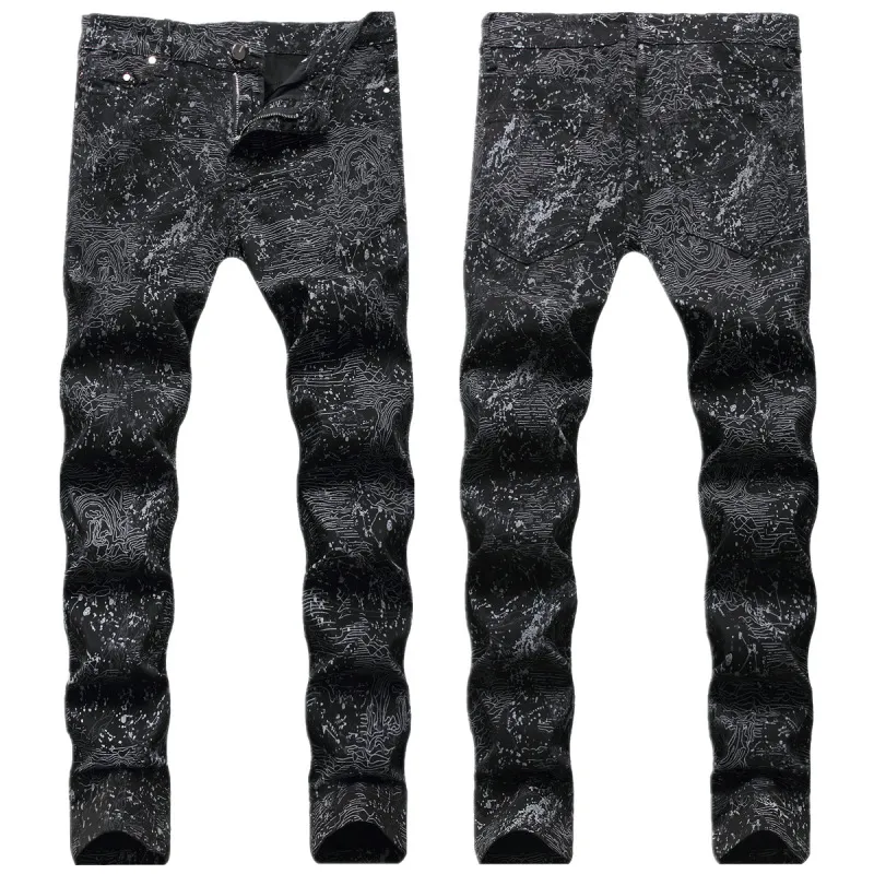 Men Fashion Mid-Rise Printed Slim Fit Long Denim Jeans